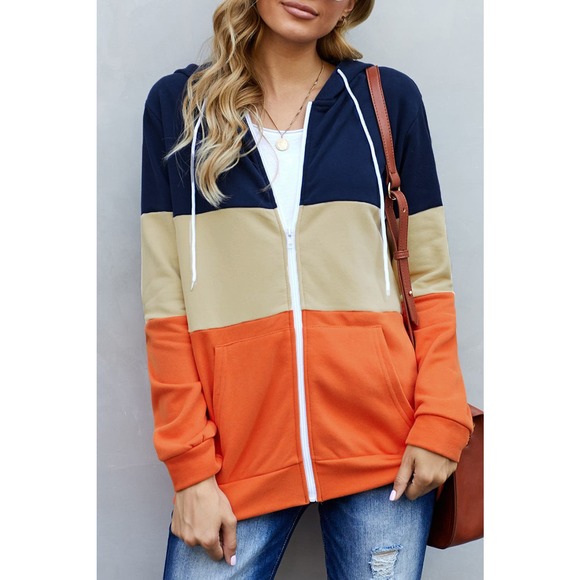 BLUE TAN ORANGE COLOR BLOCK FULL ZIP DRAWSTRING HOODIE SIZE 2XL 18-20 - Picture 9 of 11